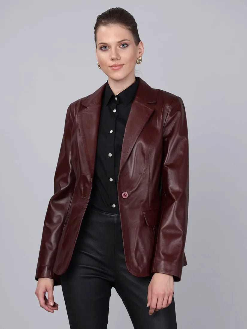 Kadın Tek Düğmeli Blazer Deri Ceket Mürdüm